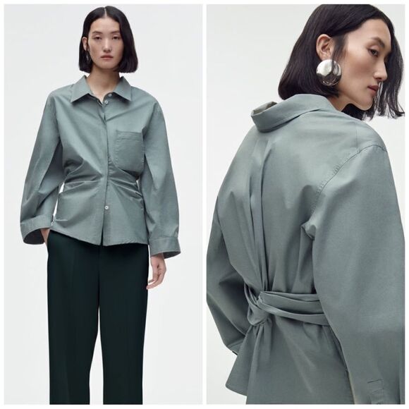 Zara Premium Edition Fitted Shirt Blouse New Green Blue - Picture 1 of 8